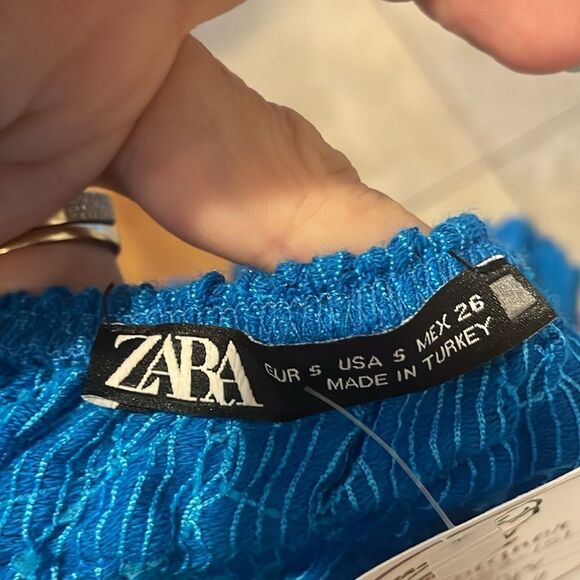 ZARA blue puff sleeve textured stretchy crop top BoHo bohemian - Picture 6 of 6